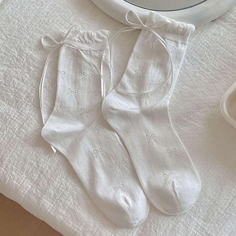 여자 긴양말 펀칭 캐주얼 얇은 양말 리본 중목 여름 3개