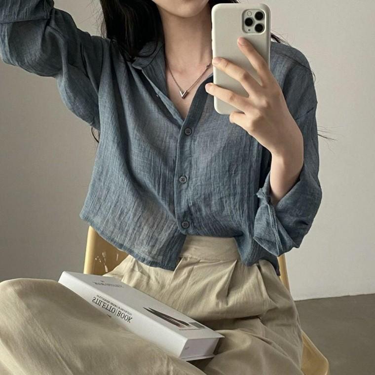 여름셔츠 세미크롭 면 여름 여자 여성 긴팔 얇은 셔츠