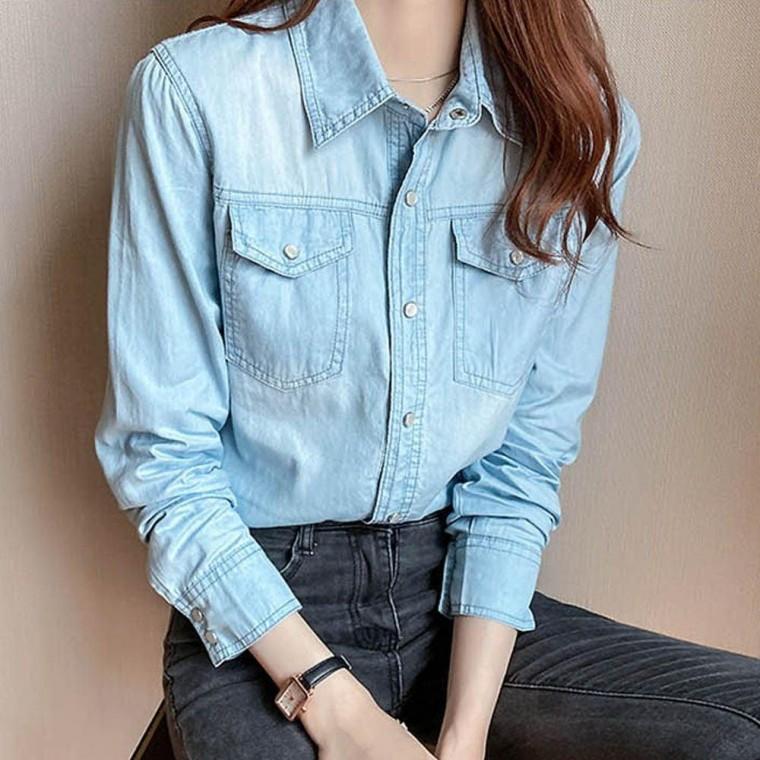 여름셔츠 청남방블라우스 봄여름가을 얇은 진연청 여자데님셔츠