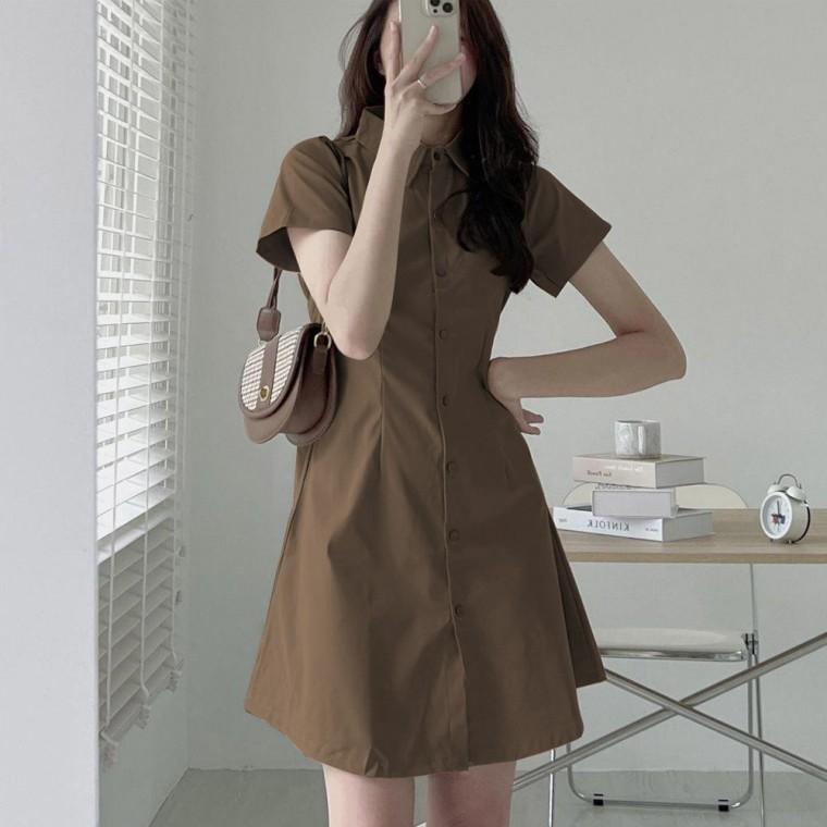 슬림 패션 단추 디자인 카라 반팔 짧은 미니 원피스