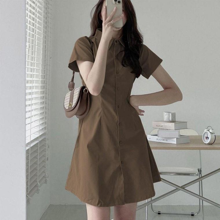 미니 반팔 원피스 단추 디자인 슬림 카라 짧은 여성