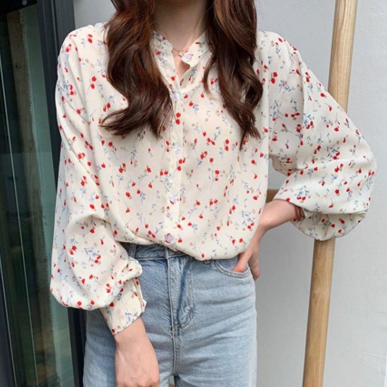 여성 퍼프 벌룬 소매 플라워 긴팔 블라우스 화이트