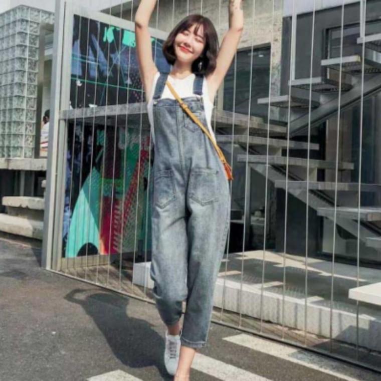 여성 캐주얼 데님 9부 롤업 팬츠 연청 멜빵 바지