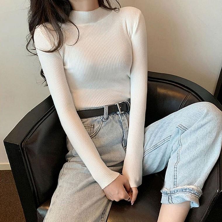 목폴라 간절기 하프넥 여성 긴팔 베이직 니트티 골지