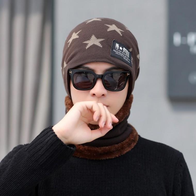 남성용 브라운 겨울 넥워머 겨울모자 비니 세트 모자