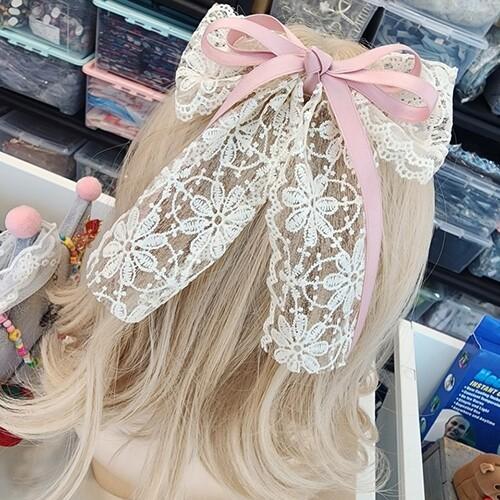 러블리 플라워 레이스 핑크 왕리본 자동핀