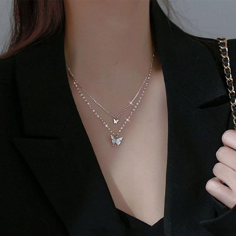 목걸이 나비 큐빅 나비 목걸이 믹스 체인 2줄