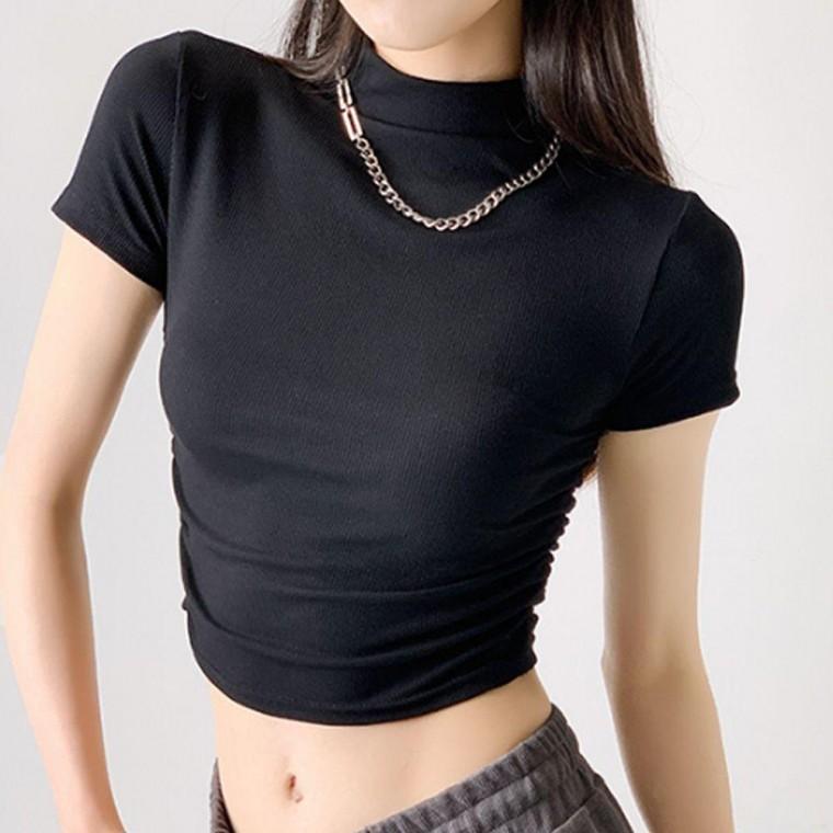 링클 슬림 코듀로이 크롭 반팔티 여성이너티셔츠