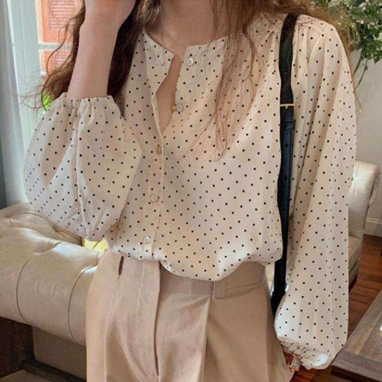 쉬폰블라우스 도트블라우스 퍼프소매블라우스