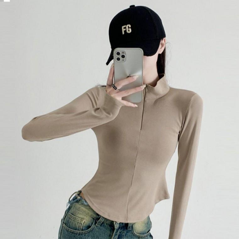 크롭 슬림핏 여성 세미 티셔츠 지퍼 슬세권티셔츠
