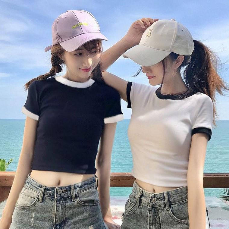 배색 코튼 2컬러 댄스복 크롭탑 반팔 크롭티 배꼽티