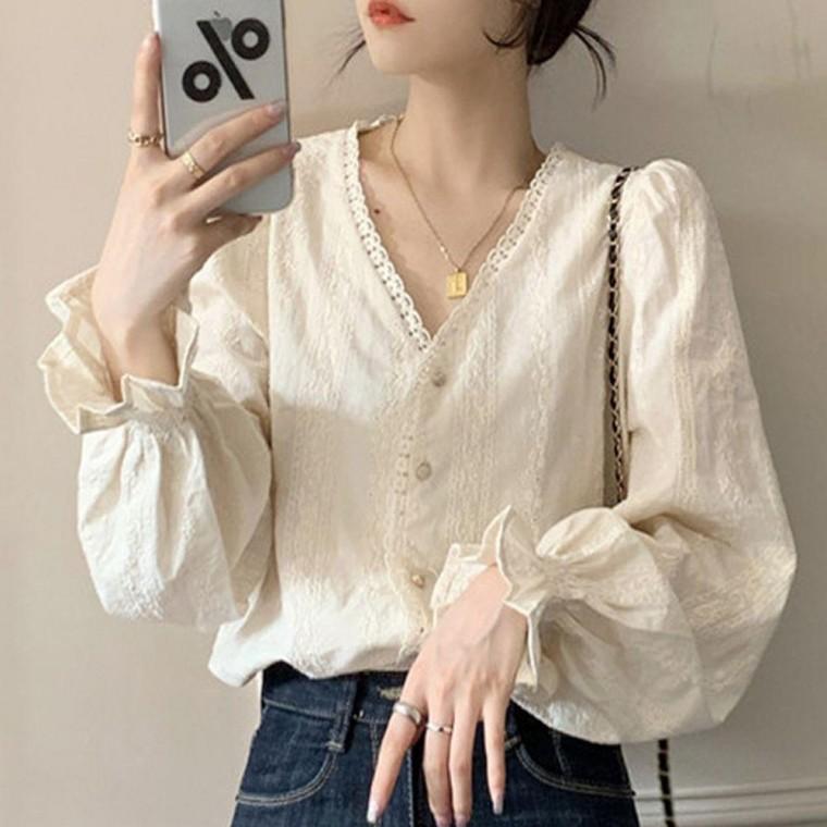 루즈핏 클래식 오피스룩 여성 소매 프릴 블라우스