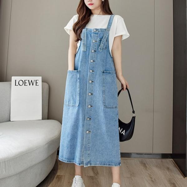 F706020 앞단추 레트로  롱 멜빵 청 데님 치마 점프수트 원피스 데일리 코디
