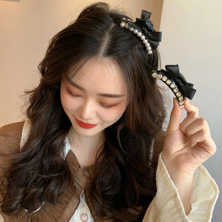 예쁜 큐빅 진주 리본 포인트 여성 헤어 악세 집게핀