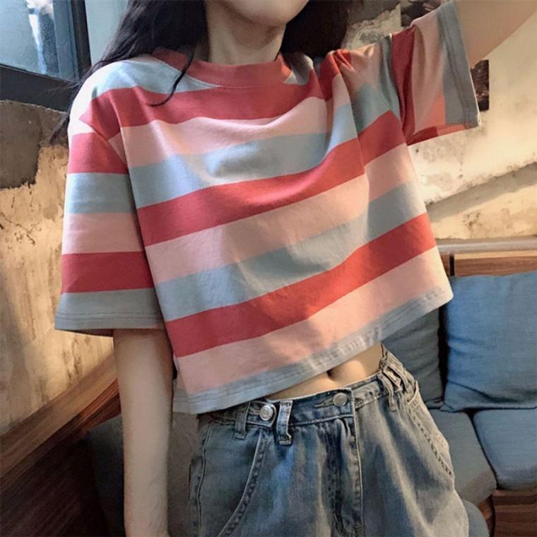 HL 빅 스트라이프 박스 크롭 반팔 티셔츠