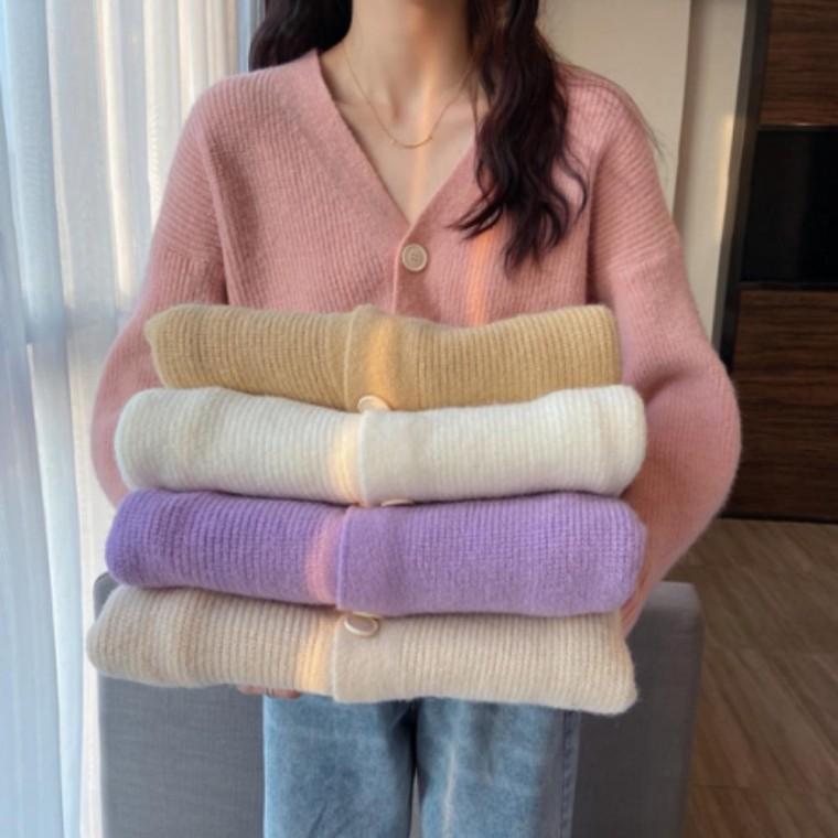여성 6컬러 세미 골지 브이넥 루즈핏 데일리 아우터 가디건