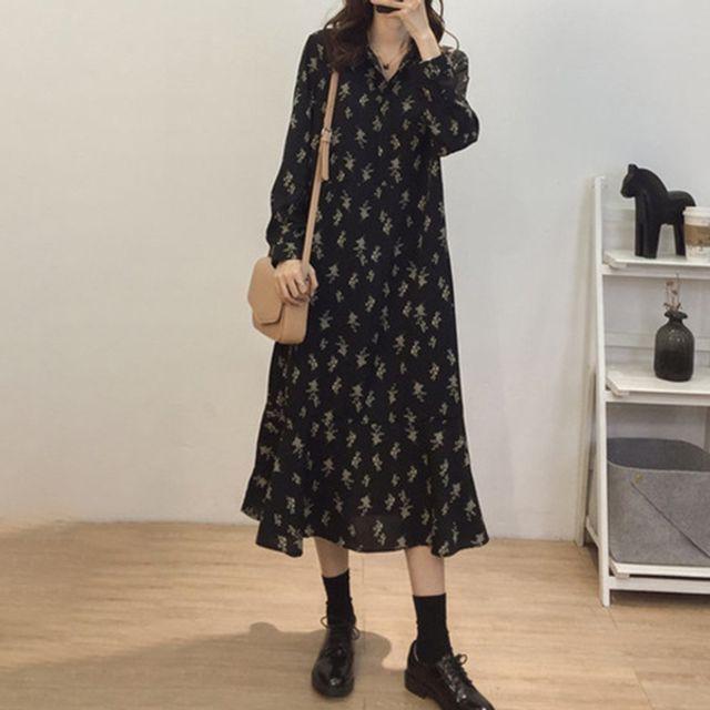 SU] 여성 블랙 플라워 패턴 데일리 롱 긴팔 원피스
