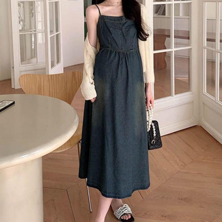 SU] 딥컬러 스모크 데님 데일리룩 나시타입 원피스