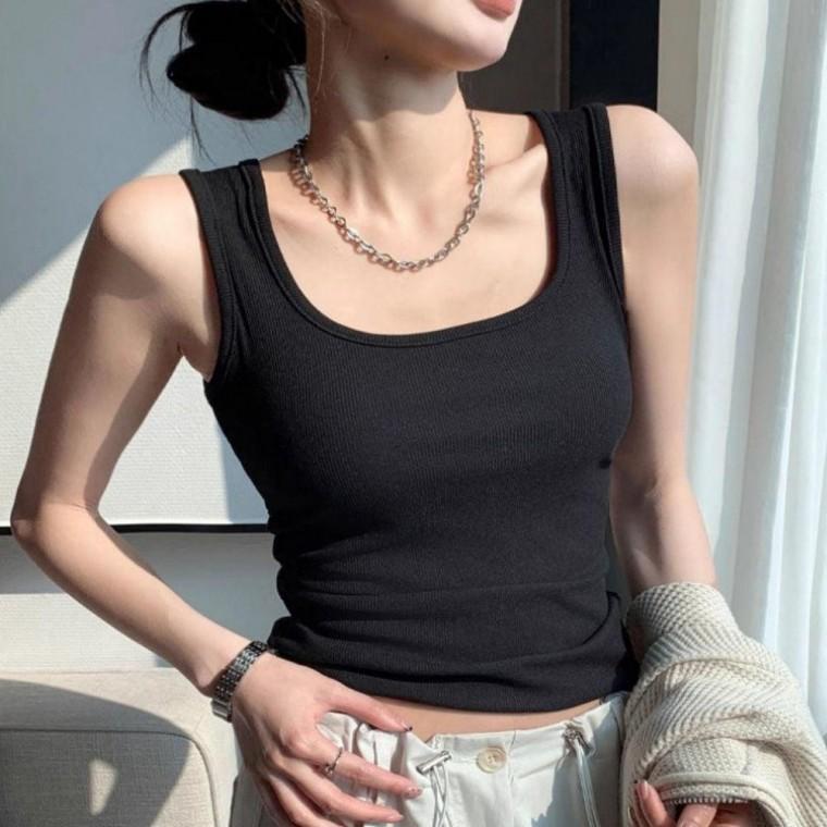 3컬러 여성 스퀘어넥 골지 세미크롭 이너 나시 민소매