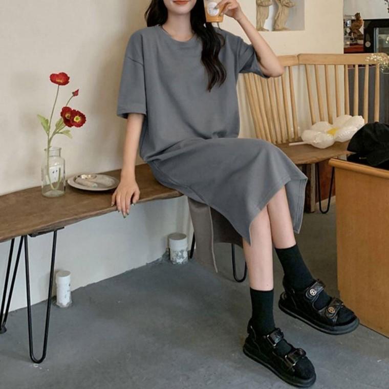 5컬러 여자 밑단 옆트임 오버핏 반팔 꾸안꾸 롱원피스