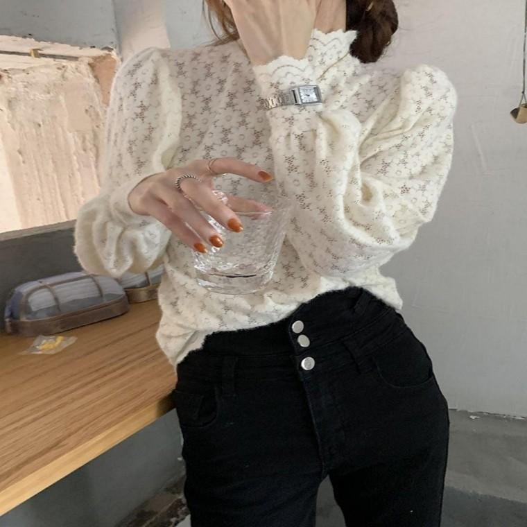 큐티 여성 이너티 하프넥 레이어드 레이스블라우스
