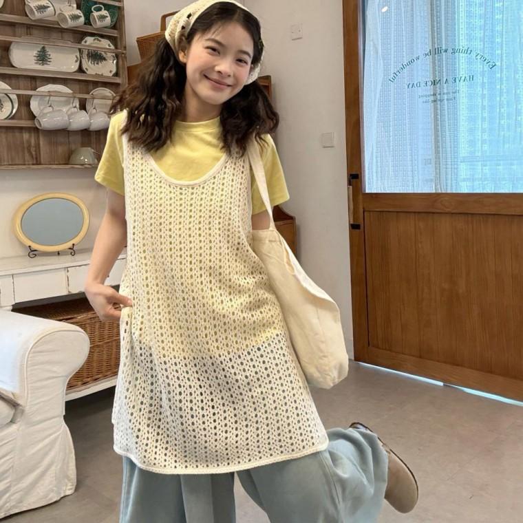 여자 라운드 옆 트임 통기성 그물 펀칭 롱 조끼