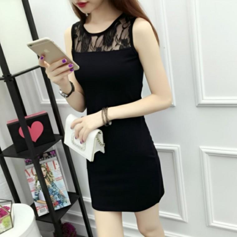 어깨 시스루 포인트 블랙 민소매 여름 미니 원피스