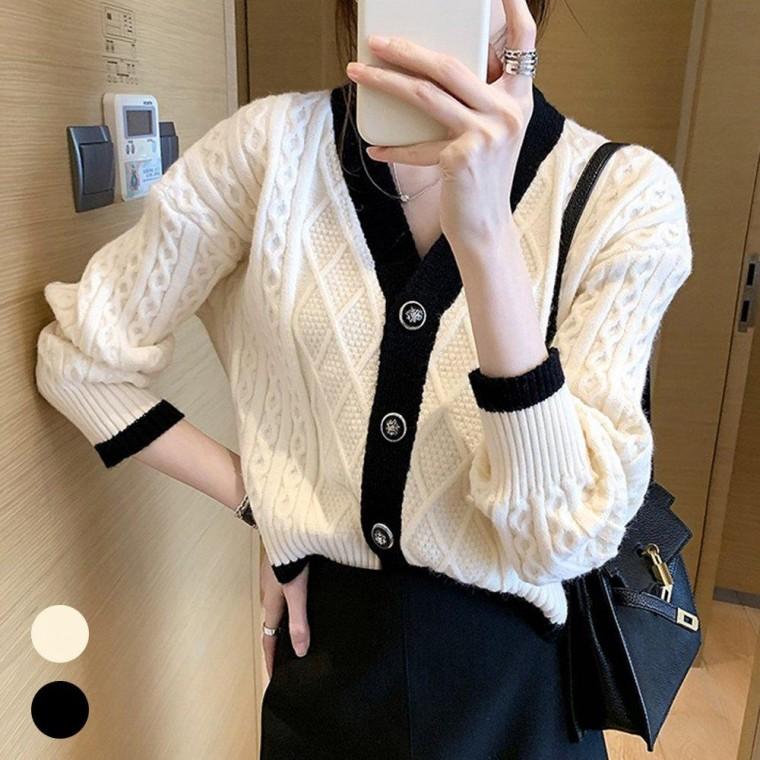 FA] 가디건 브이넥 여성 꽈배기 배색 라인