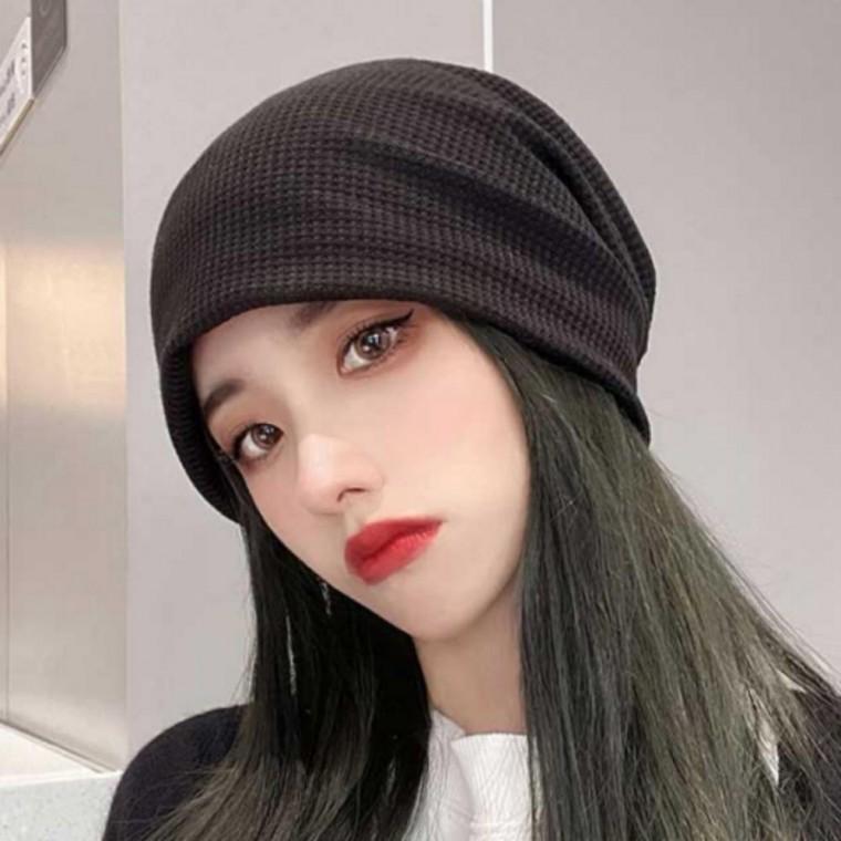 여성 데일리 캐주얼 와플 패턴 롱 심플 무지 비니