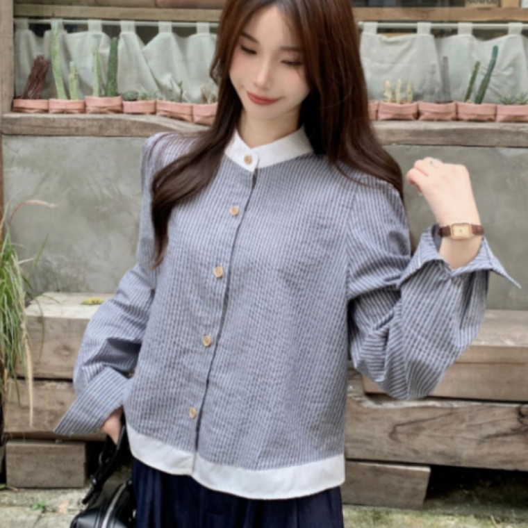 배색 카라 스트라이프 블라우스 여성 클래식 데일리 셔츠