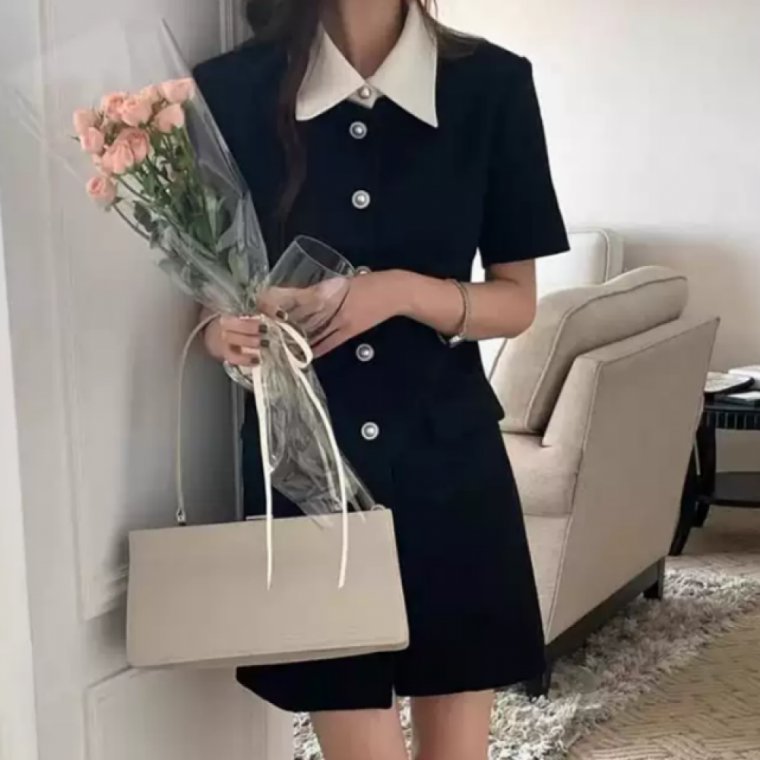 배색 미니원피스 진주버튼 클래식 카라