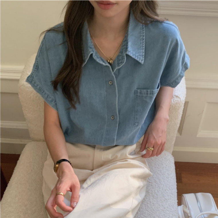 여성 심플 루즈핏 셔츠 데님 배색 카라 간절기 데일리 셔츠
