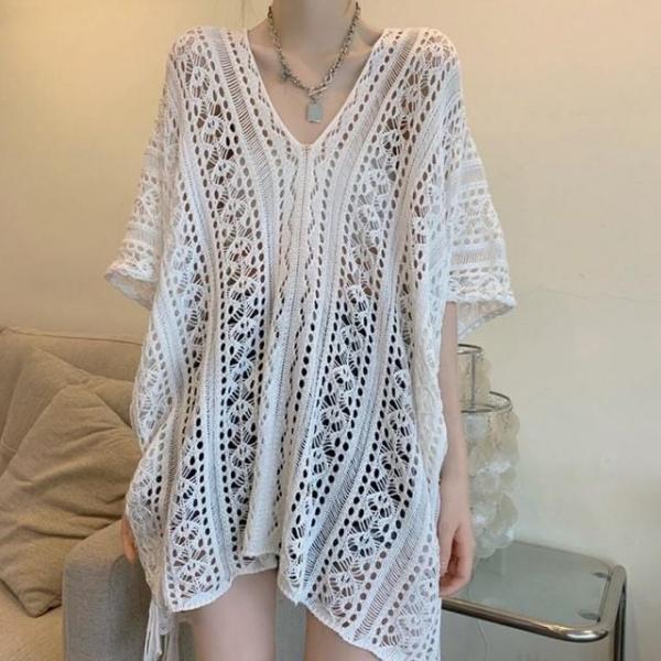여름의류 루즈핏 펀칭 시스루 여성 비치웨어 니트티 니트 브이넥 여름 커버업 여성티셔츠