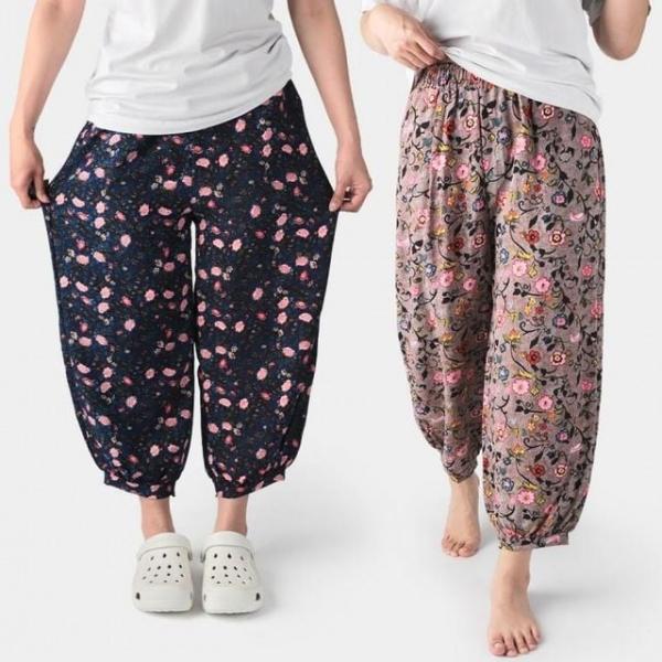 여름바지 9부 몸빼 할머니바지 여름 꽃무늬바지 바지 밴딩밴츠 찰랑찰랑 인견 아이스
