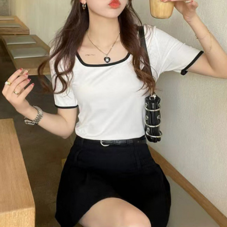 골지 티셔츠 슬림 냉감 배색 반팔 스퀘어넥
