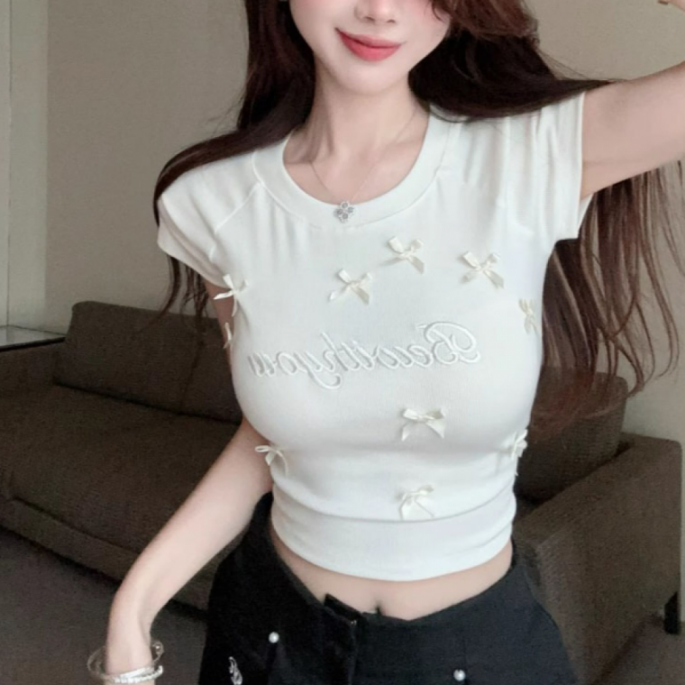 리본 러블리 라운드 레터링자수 크롭 반팔티