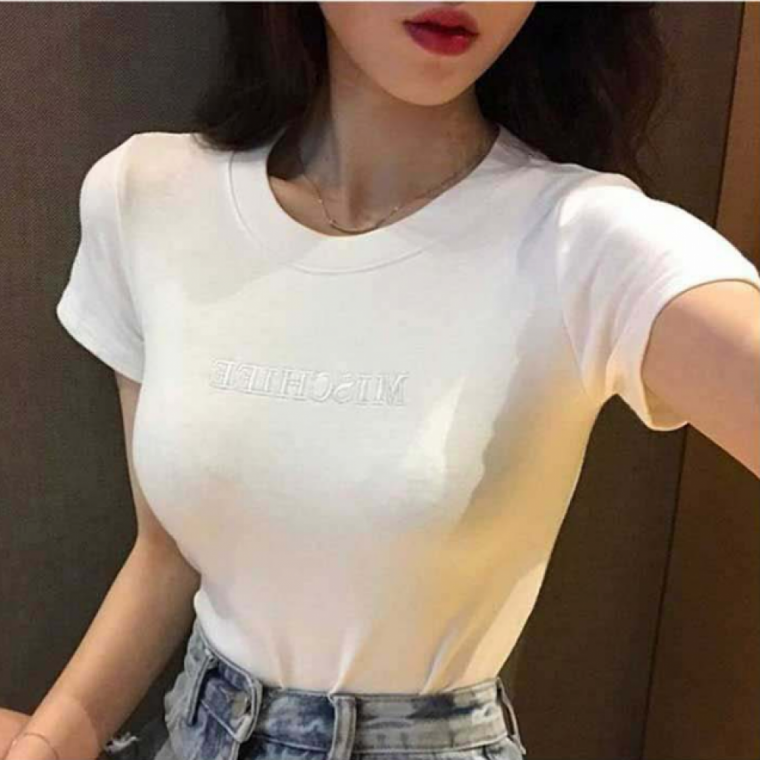 자수 포인트 슬림 반팔 티셔츠 여성 상의 캐주얼 이너 데일리 심플