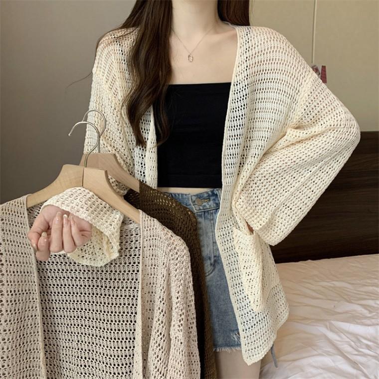 노버튼 그물 펀칭 비치 바캉스 통기성 가디건 여성