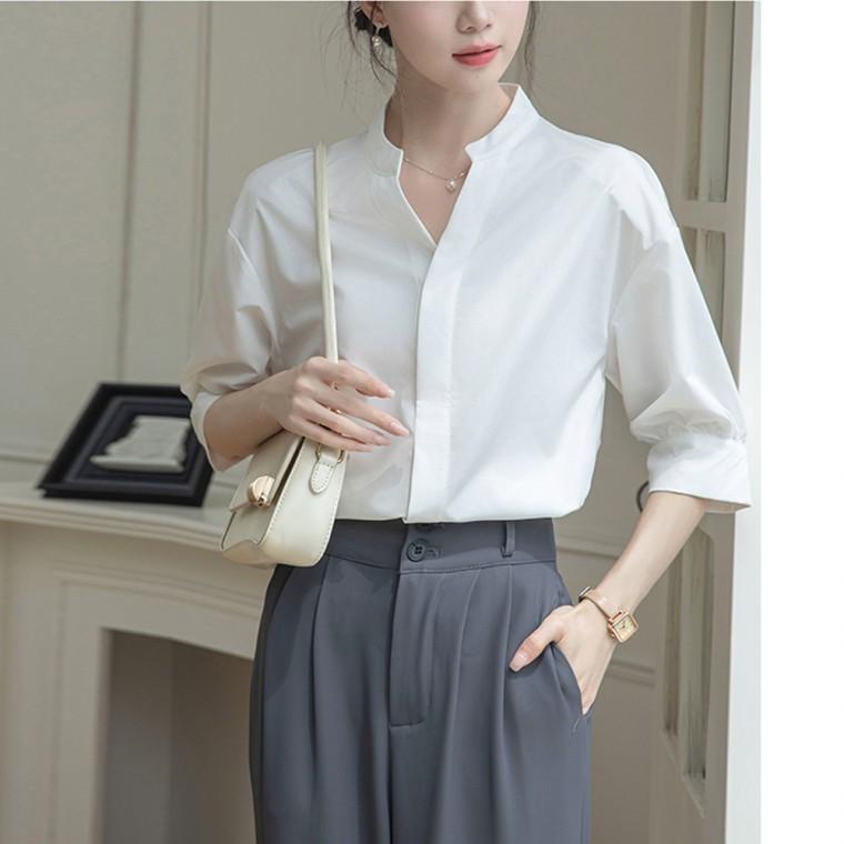 F007538 브이차이나카라 셔링7부소매 블라우스 셔츠남방