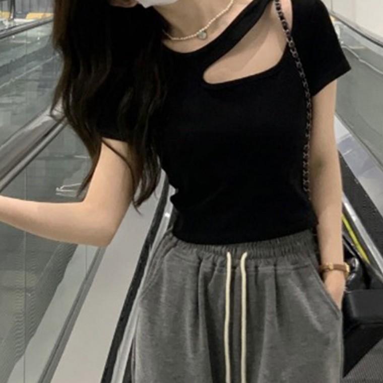여성 펀칭 구멍 크롭 티셔츠