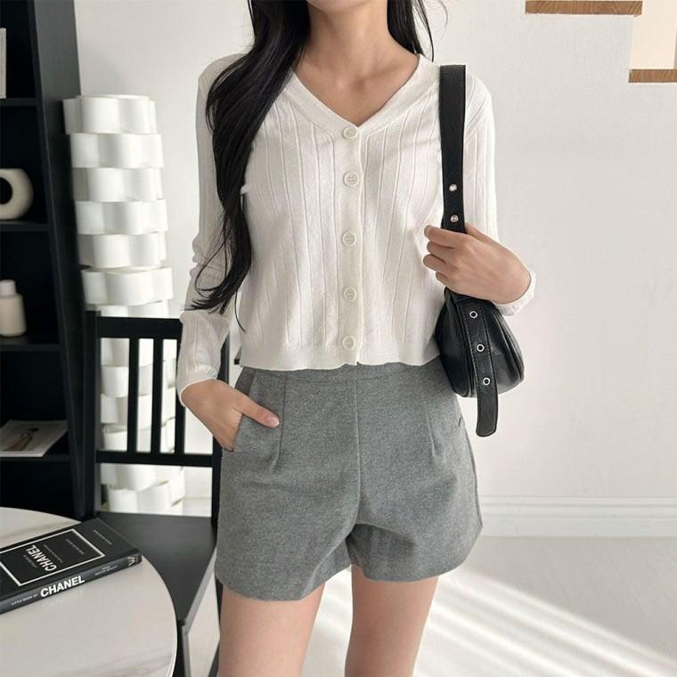 여성 브이넥 왕 골지 세미크롭 가디건 이너 카디건