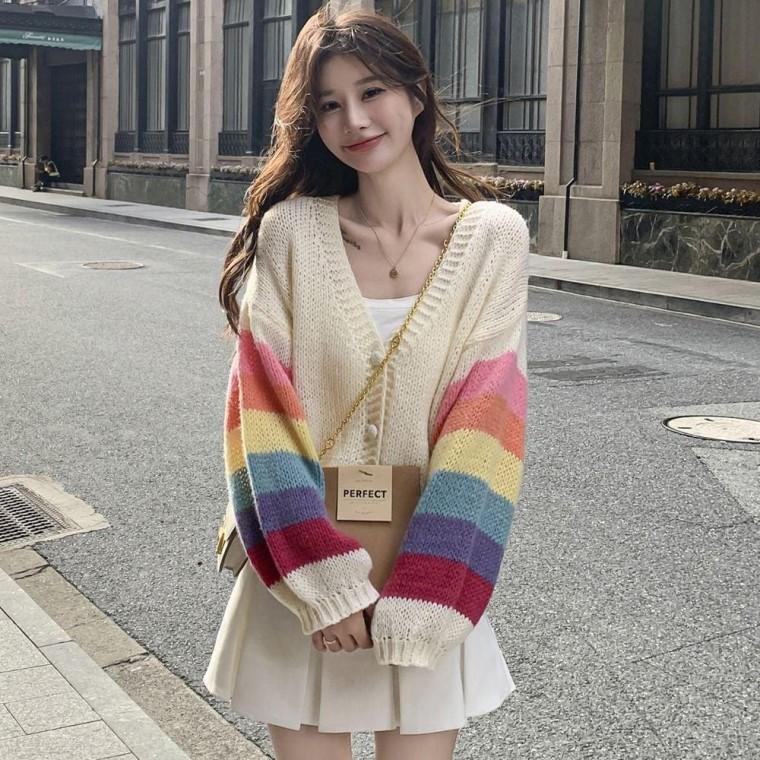 여성 레인보우 브이넥 루즈핏 가디건 캐주얼 카디건
