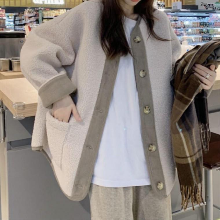 오버핏 단추 나들이 빈티지 여학생 점퍼 가벼운외출 뽀글이집업 후리스자켓