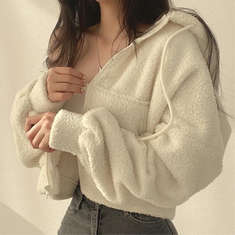 여학생 부드러운촉감 데일리룩 20대여자자켓 외투 후드집업 크롭 플리스