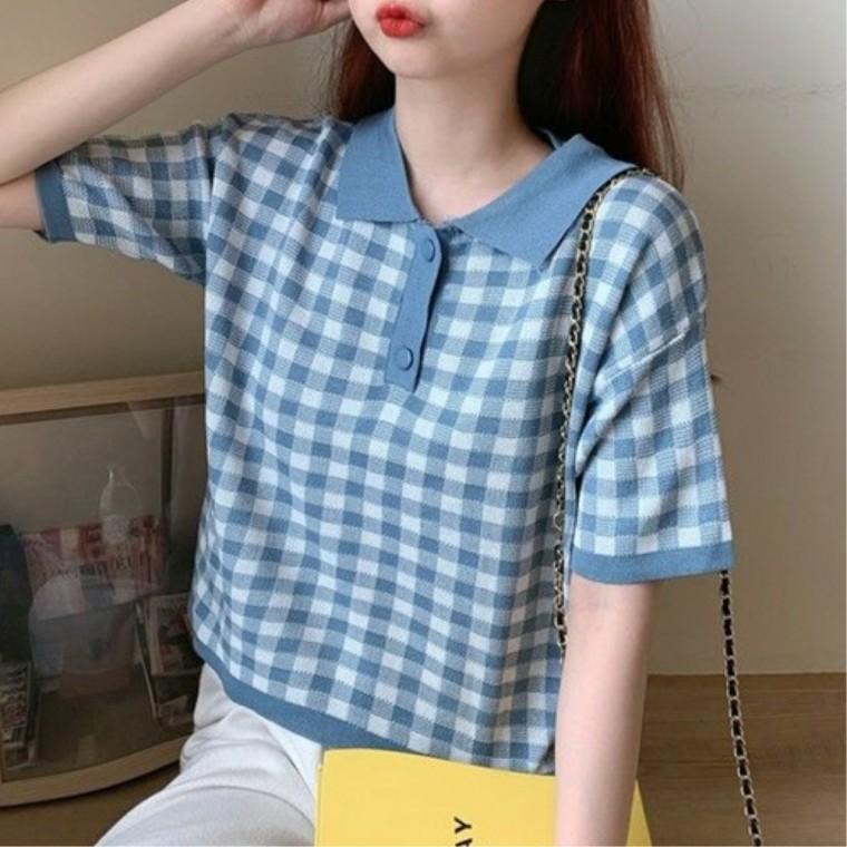 반팔 체크무늬 젊줌마 여성캐주얼티셔츠 트렌드세터 카라니트 봄나들이옷