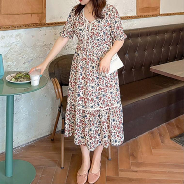 큰사이즈 여름치마 여자 러블리룩 반팔 롱원피스 페스티벌룩 A라인원피스