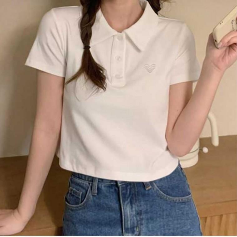 일상코디룩 단정한스타일 젊줌마 20대여성 반팔 카라 크롭티 여름 꾸안꾸룩