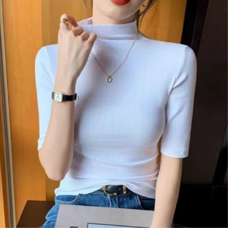 일상룩 슬림핏 여성 5부 단정한스타일 반팔티 반목 여성반팔티 면티셔츠