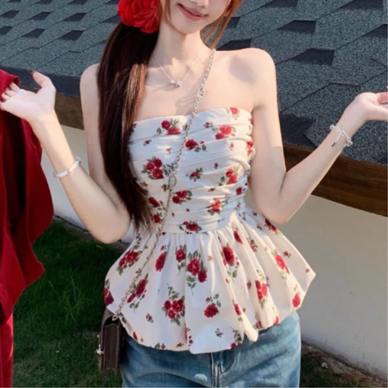 여름 꽃무늬 나시코디 깔끔한블라우스 오프숄더 블라우스 러블리룩 플레어
