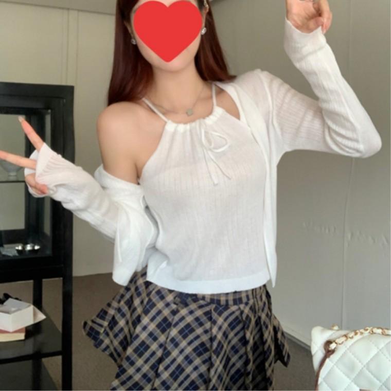 여성모던룩 슬림핏 20대여성 젊줌마 세트 홀터넥 니트 단정한스타일 가디건